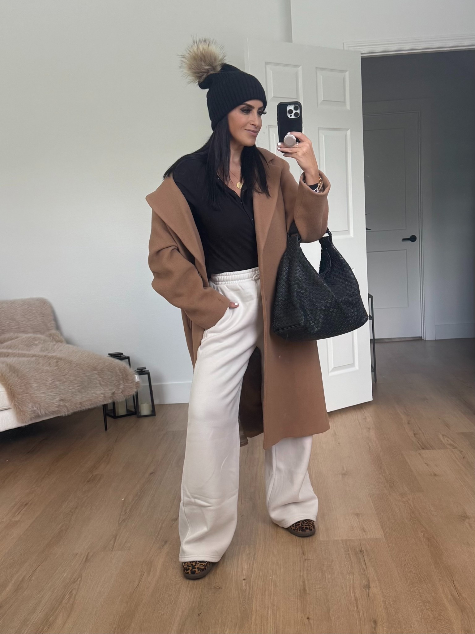 Wilfred The Only Coat - Wool Cashmere. Time and Tru Women's and Women's Plus V Neck Tunic Sweatshirt wearing size medium. Abercrombie High Rise Wide Leg Sunday Sweatpant. Adidas Leopard Sambas