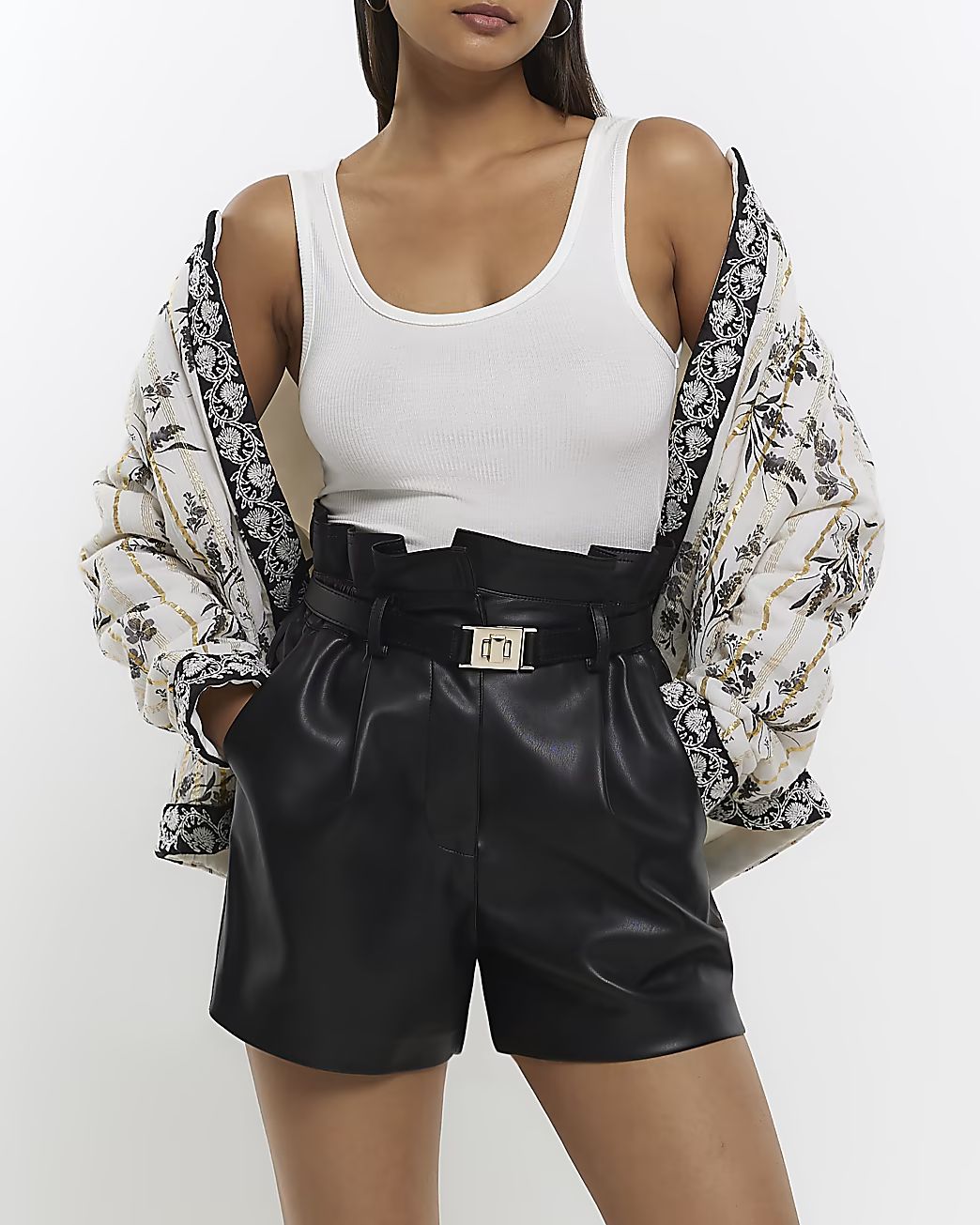 Black faux leather belted paperbag shorts | River Island (UK & IE)