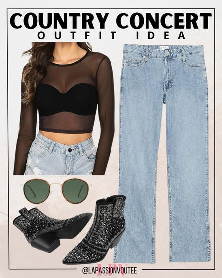 Turn heads at the country concert in a sheer mesh crop top paired with straight jeans and dazzling rhinestone boots. Top it off with stylish sunglasses for an effortlessly cool look. Shine bright and stand out in the crowd! 

#LTKSeasonal #LTKFindsUnder100 #LTKFestival