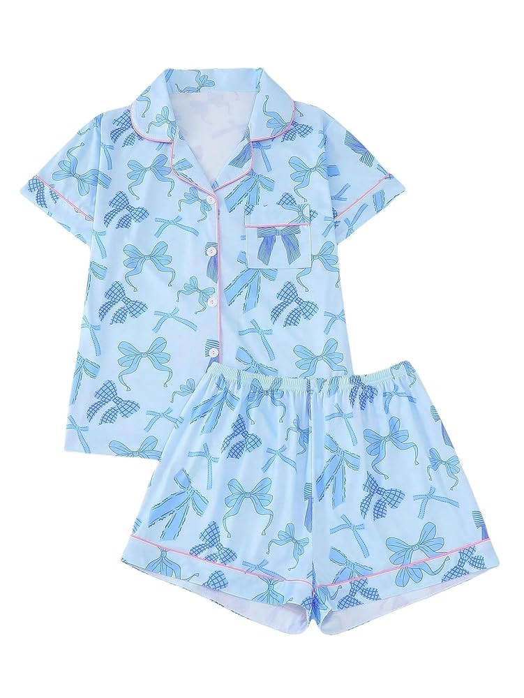 Women's 2 Piece Bow Print Pajama Sets Sleepwear Short Sleeve Button Down Shirt and Shorts Nightwe... | Amazon (US)