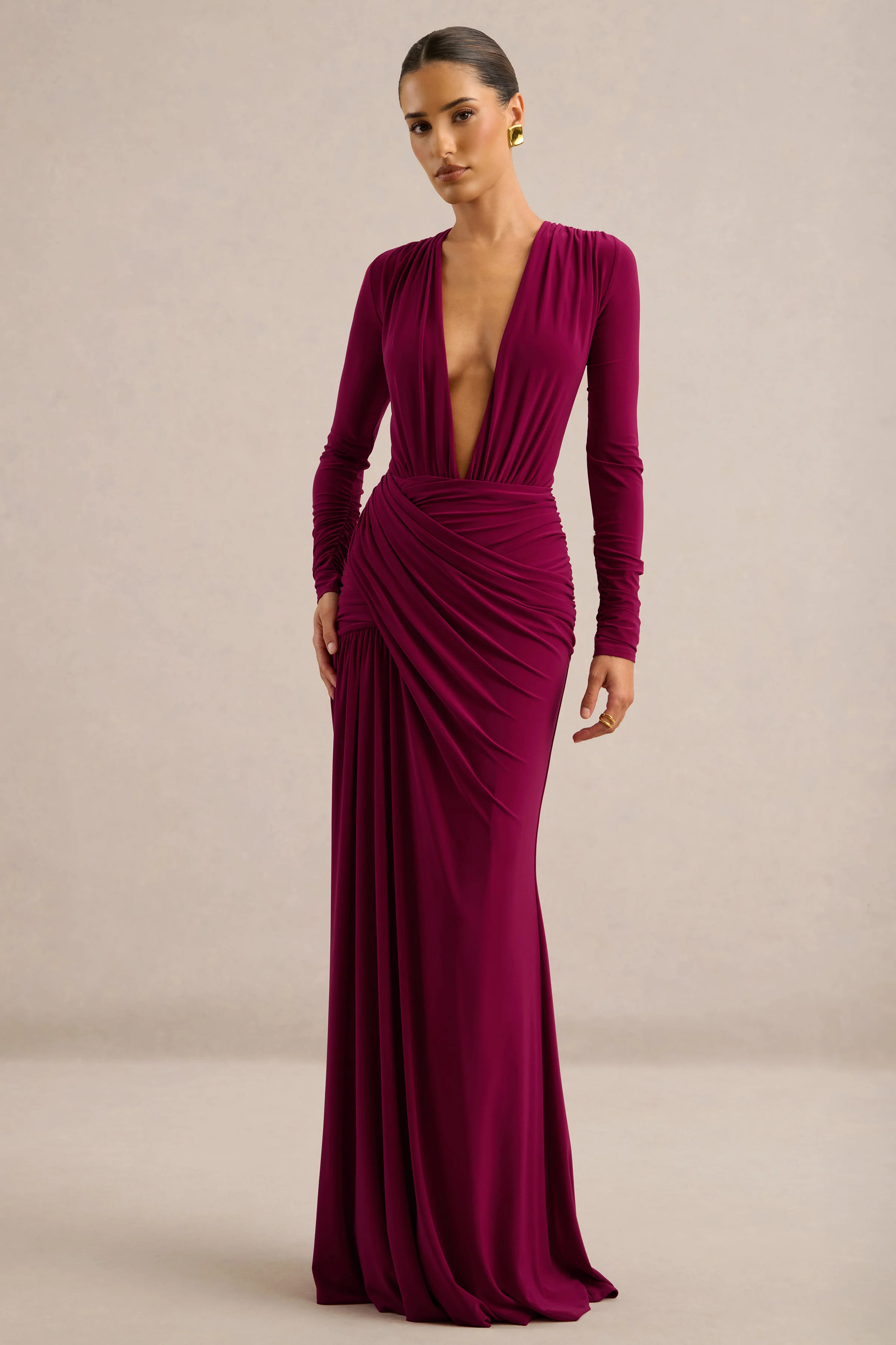 Tahlina | Burgundy Plunge-Neck Maxi Dress | Club L London