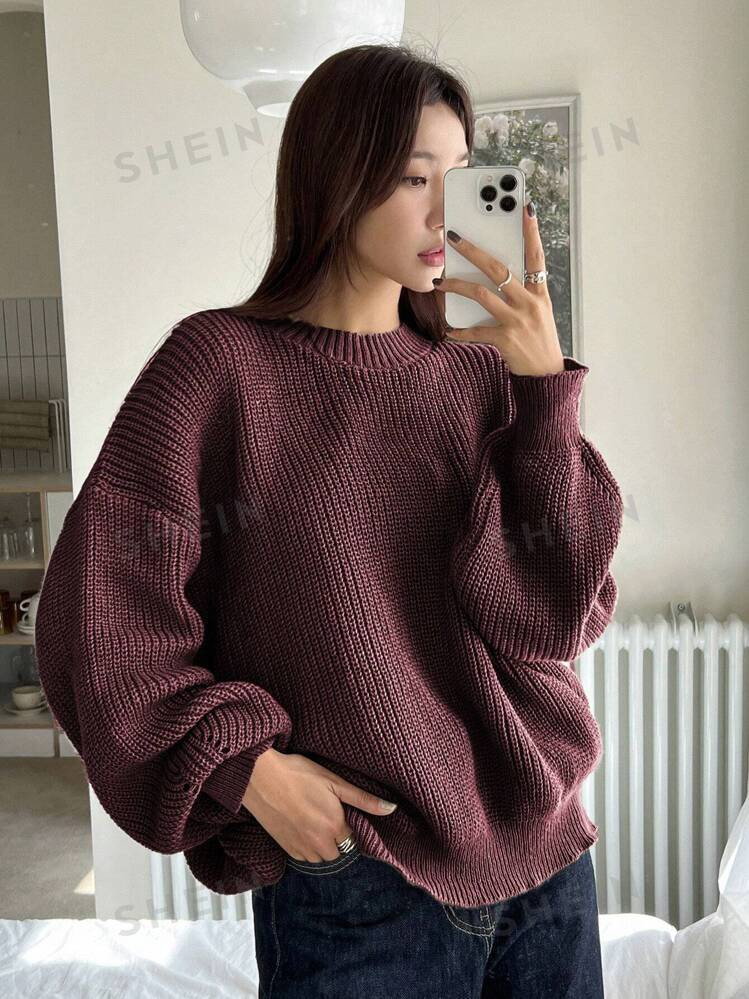 DAZY Solid Drop Shoulder Sweater,Ladies Late Fall Casual Long Sleeve Oversized Burgundy Drop Shou... | SHEIN