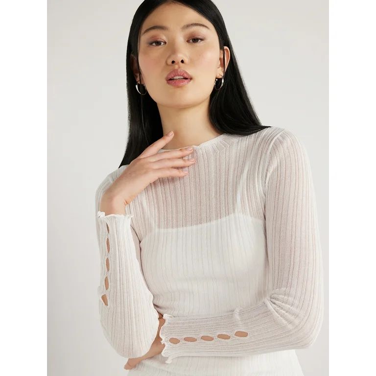 Scoop Women's Sheer Long Sleeve Sweater with Lining, Sizes XS to XXL | Walmart (US)