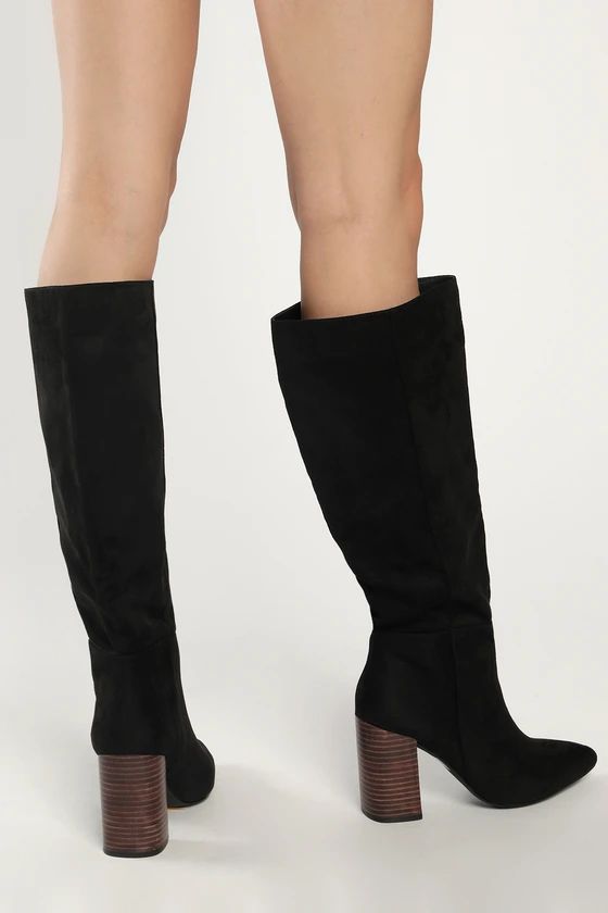 Katari Black Suede Stacked Pointed-Toe Knee High Boots | Lulus (US)