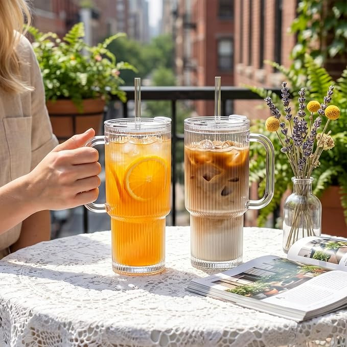 INSETLAN 24oz Ribbed Glass Tumbler with Handle & Lid – 2-Pack Large Iced Coffee Cups with Straw... | Amazon (US)