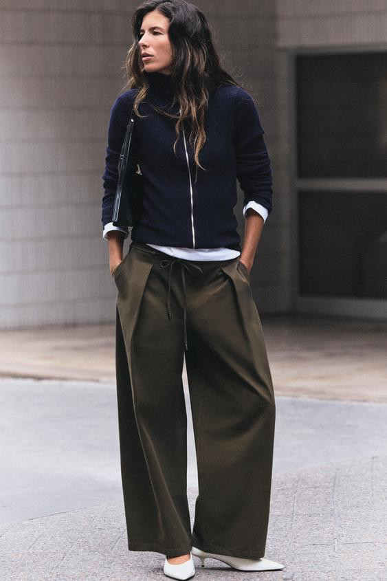 Zara - Wide-Leg Pleated Belt Pants - Brown / Taupe - Xs - Woman | Zara US