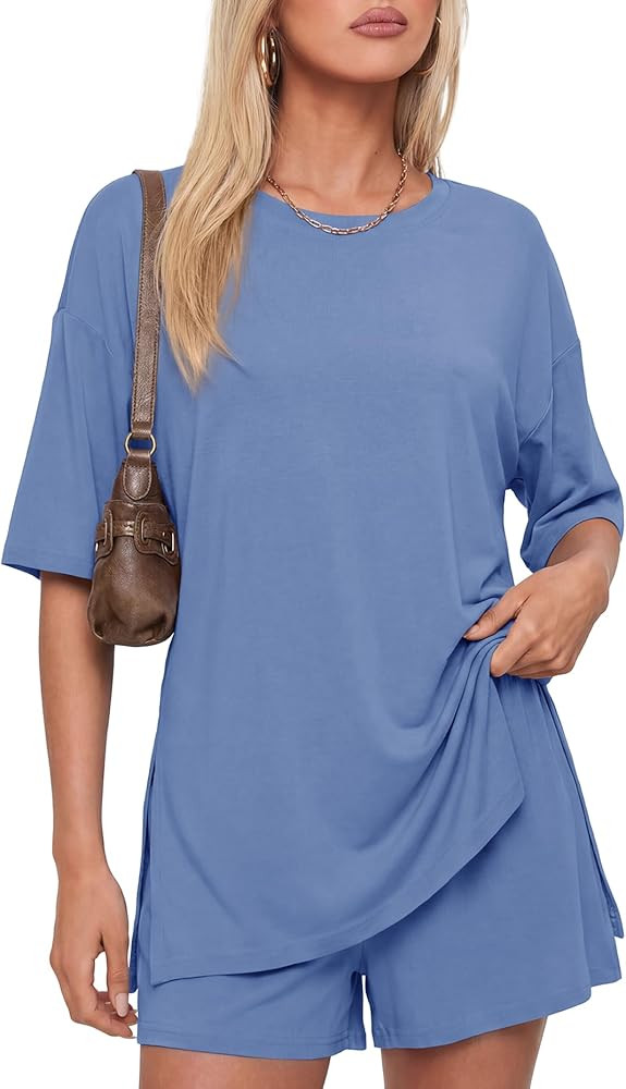 Darong Women's 2 Piece Lounge Set Short Sleeve Boxy T-shirt & Shorts Comfywear Summer Pajama Set ... | Amazon (US)