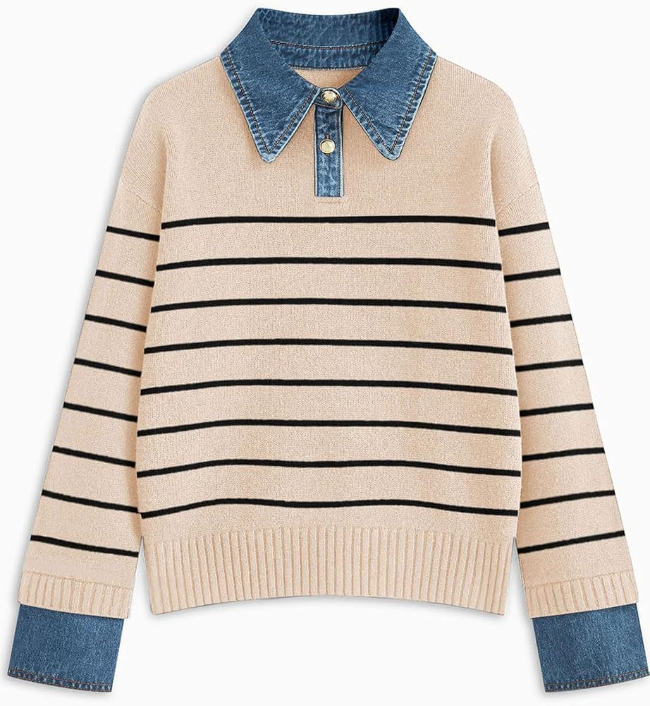 GUNEST Womens Oversized Sweater Denim Polo Knit Collared Fall Sweater | Amazon (US)