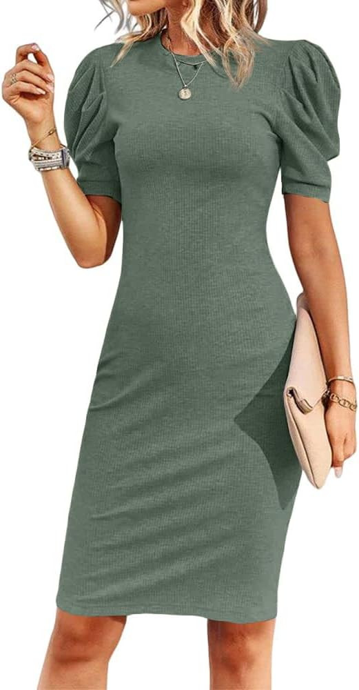 Cicy Bell Women's Puff Sleeve Bodycon Work Dresses Crew Neck Business Casual Office Pencil Dress | Amazon (US)