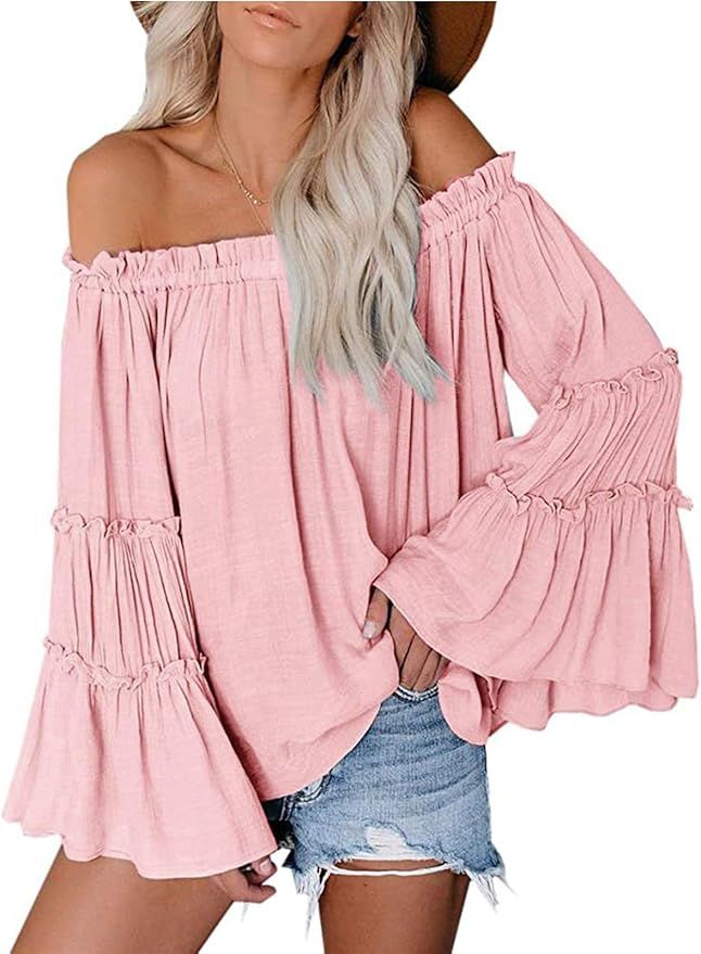 Womens Off The Shoulder Long Bell Sleeve Tops Flared Casual Loose Blouse | Amazon (US)