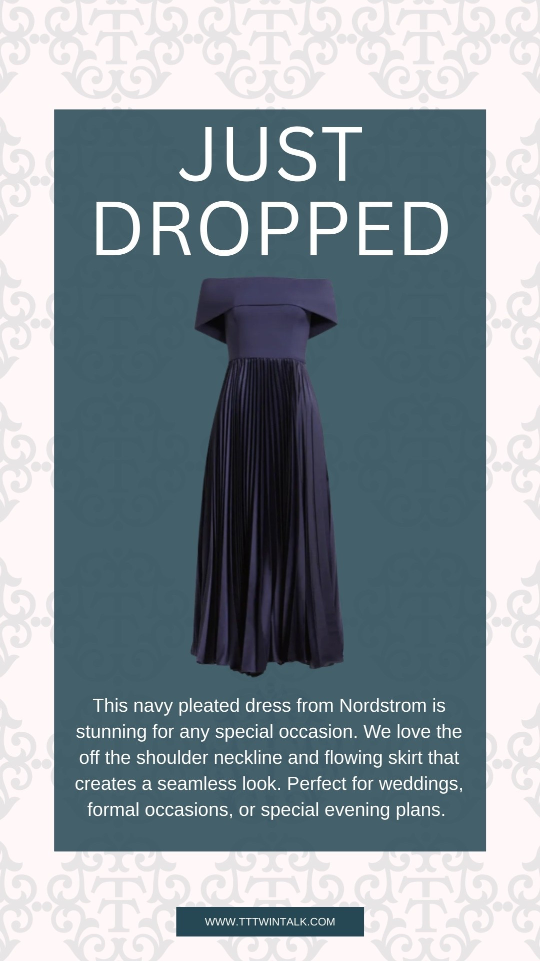 This navy pleated dress from Nordstrom is stunning for any special occasion. We love the off the shoulder neckline and flowing skirt that creates a seamless look. Perfect for weddings, formal occasions, or special evening plans.

#LTKSeasonal #LTKOver40 #LTKWedding