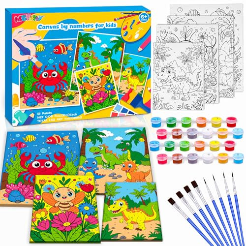MGparty 4 Pack Paint by Numbers for Kids, Pre-Drawn Canvas Painting Kit, Includes 12 Paints and 8 Brushes, DIY Painting for Classroom Games Home Wall Decor, Kids' Paint by Number Kits | Amazon (US)