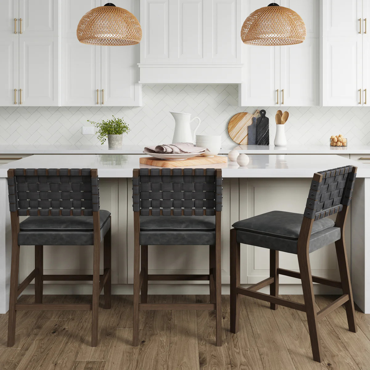 Faux Leather Woven Counter Height Bar Stools Black (Set of 3) | Nathan James