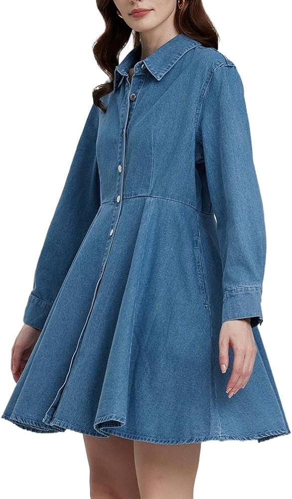 Women's Button Down Denim Mini Dress Long Sleeve Collared V-Neck Ruffle Hem Flowy Short Jean Dres... | Amazon (US)