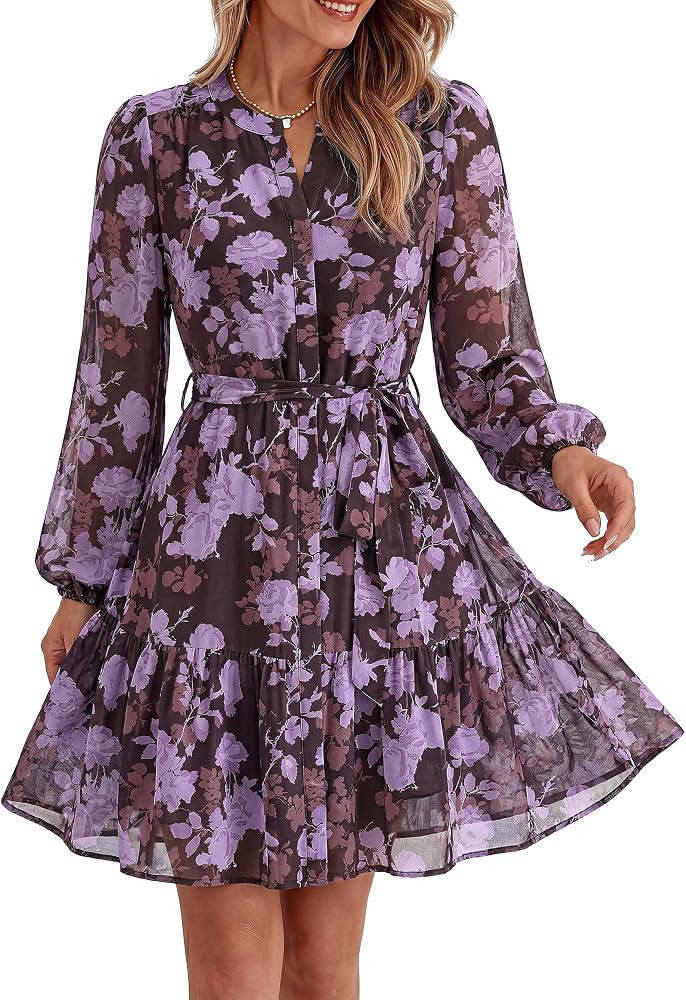 BTFBM Womens Dresses Fall Chiffon Floral V Neck Long Sleeve Mini Dress | Amazon (US)