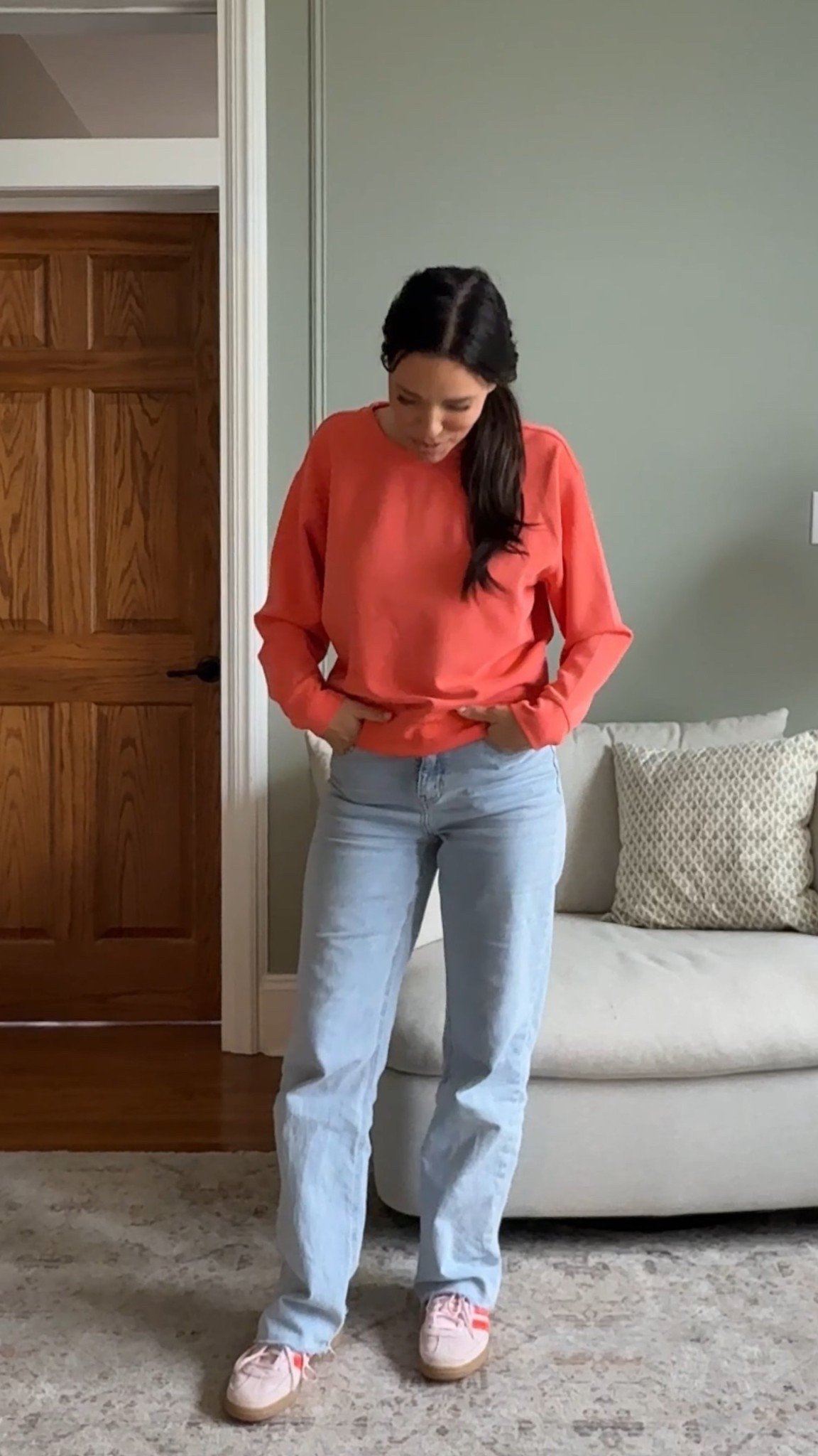 Coral scuba crew neck from Target with jeans from Easy clothes. Wearing a small with each.

#LTKFindsUnder50