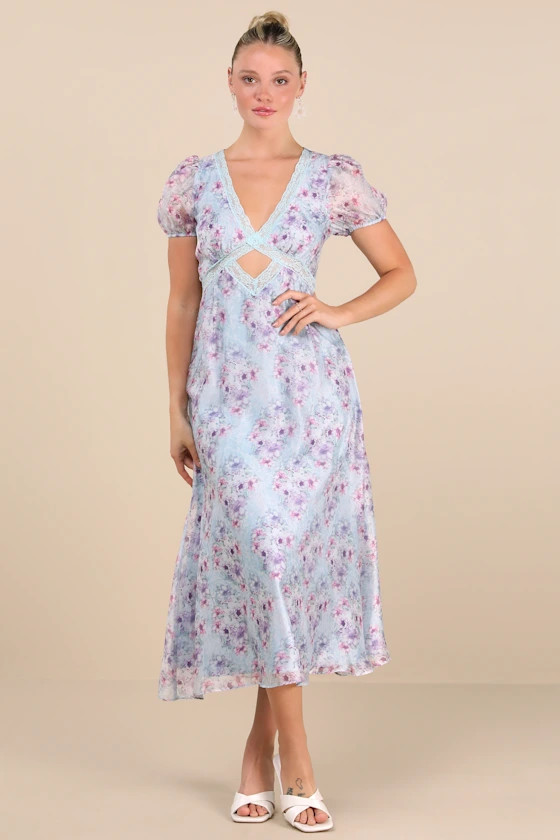 Darcy Light Blue Floral Puff Sleeve Midi Dress | Lulus