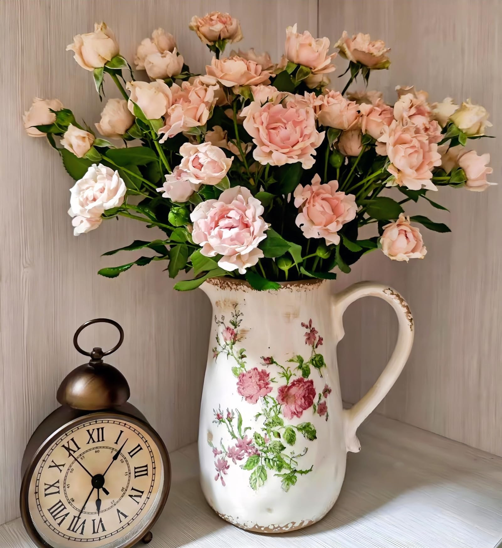 Vintage Rose Floral Ceramic Vase with Handle, Retro Ice Glazed Crack Farmhouse Pitcher Vase for H... | Amazon (US)
