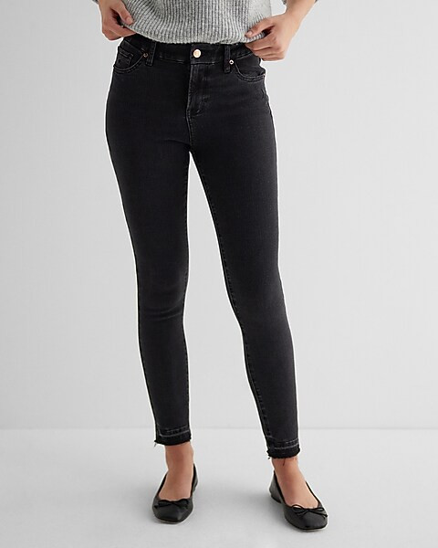 Mid Rise Black Raw Drop Hem FlexX Skinny Jeans | Express
