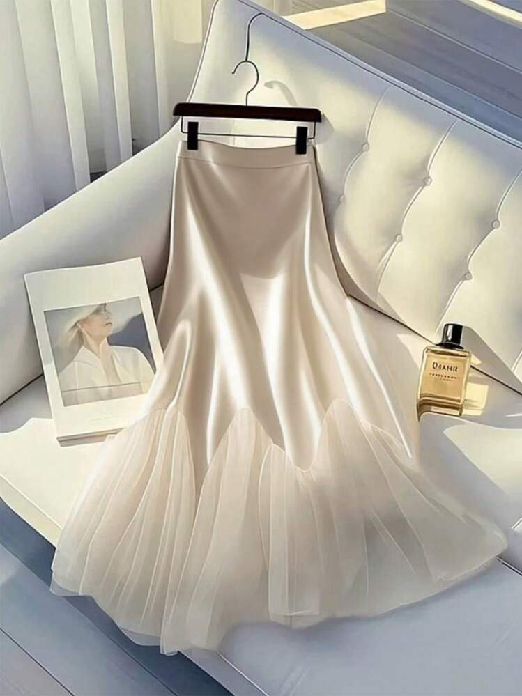 Franclia Women's Elegant Mesh Splicing Apricot Colored Fashion Skirt | SHEIN