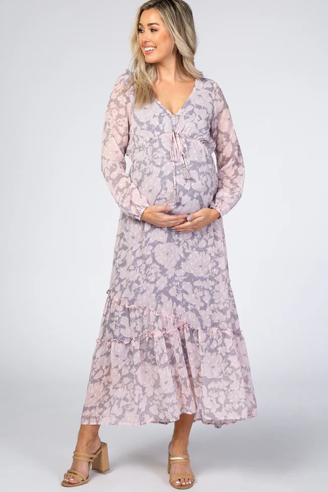 Grey Floral Chiffon Swiss Dot Maternity Maxi Dress | PinkBlush Maternity