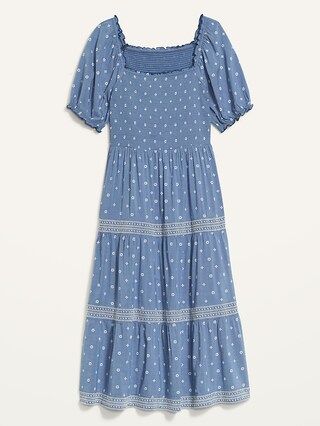 Puff-Sleeve Smocked Printed Embroidered Fit &#x26; Flare Chambray Midi Dress for Women | Old Navy (US)