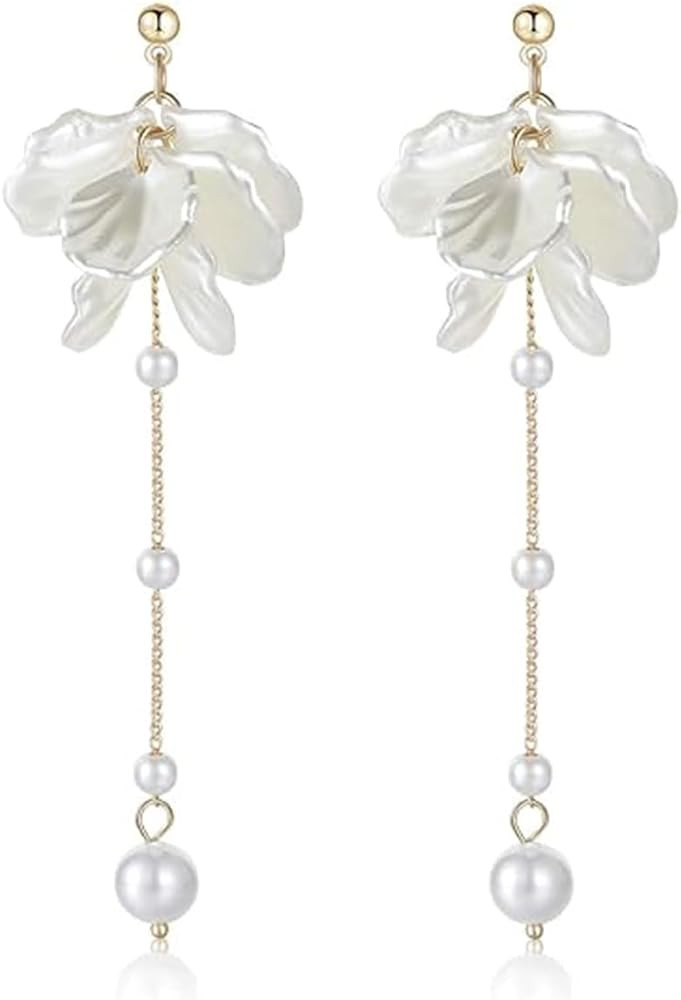 White Pearl Flower Drop Earrings for Women Long White Flower Dangle Earrings for Women Tassel Pea... | Amazon (US)