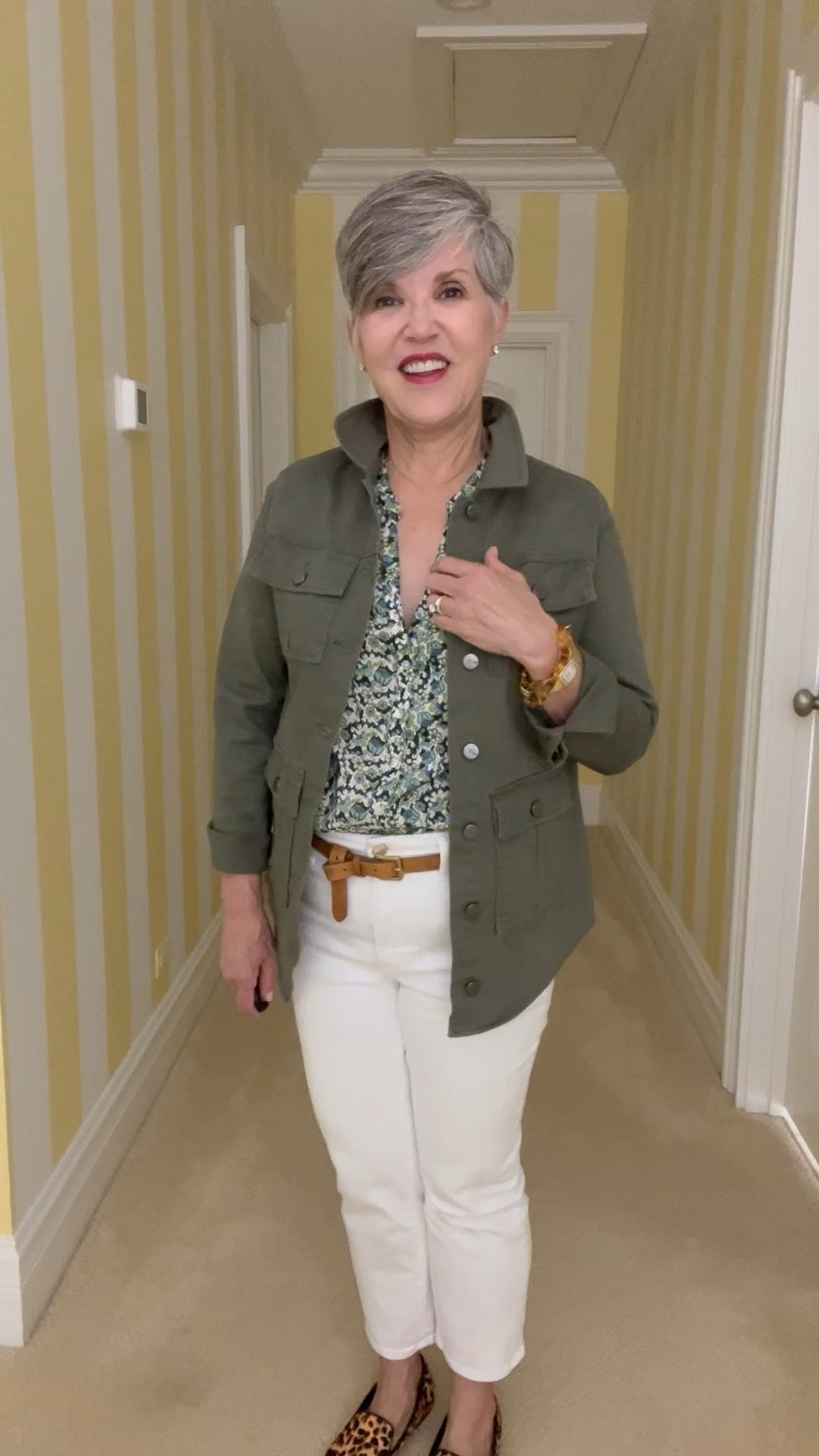 GREAT OLIVE JACKET 🧥 (S) (terrific price too!)/Dark floral flutter sleeve top (S)/Cropped white jeans (29)/Leopard Birdies shoes (8)

#LTKstyletip #LTKSeasonal #LTKunder50