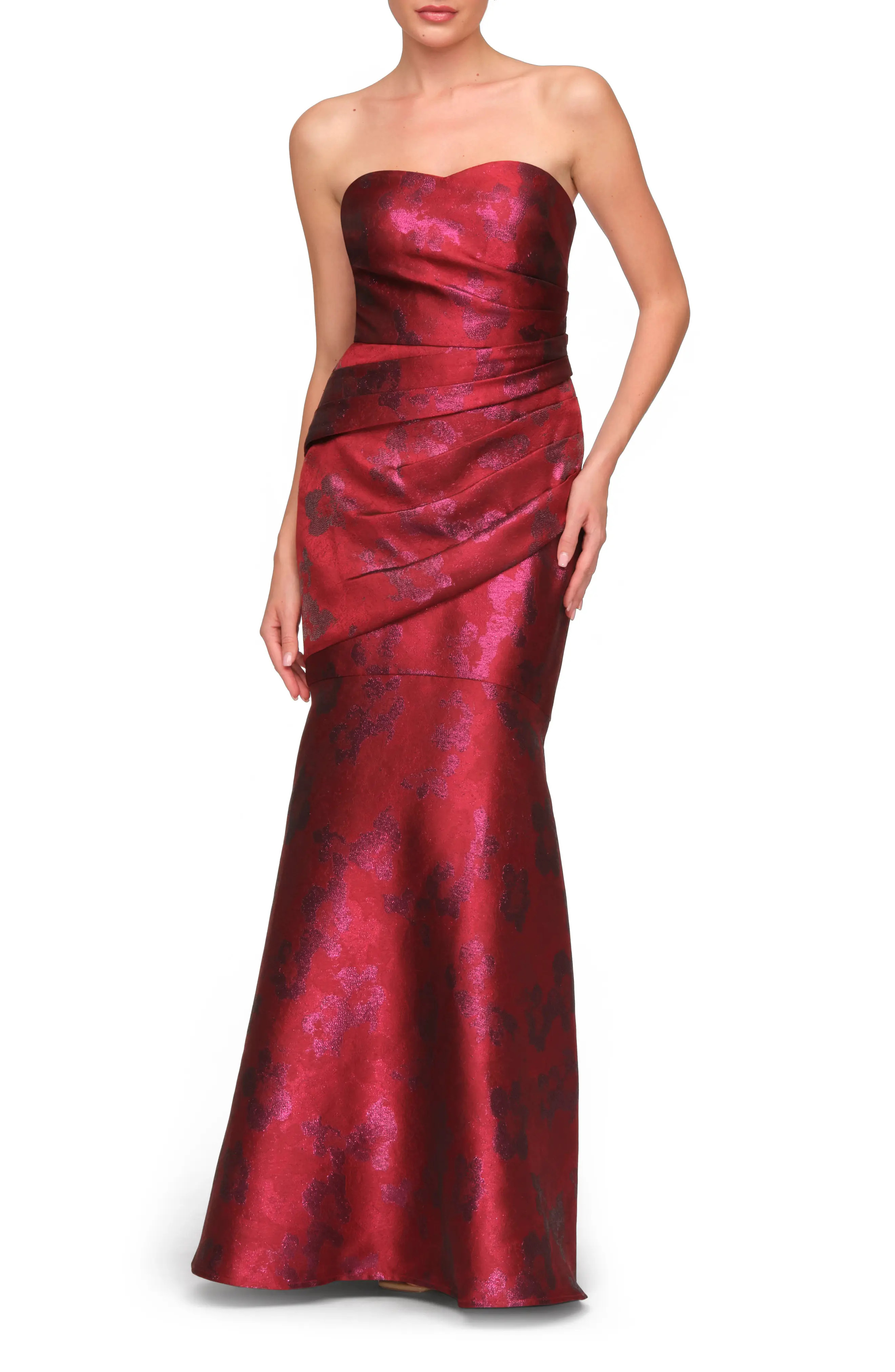 JS Collections Sylvie Metallic Strapless Satin Gown in Crimson Multi at Nordstrom, Size 4 | Nordstrom