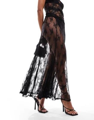 Miss Selfridge godet lace maxi skirt in black | ASOS (Global)