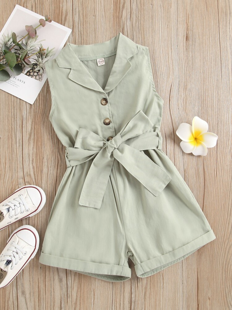 Toddler Girls Lapel Collar Button Front Belted Romper | SHEIN
