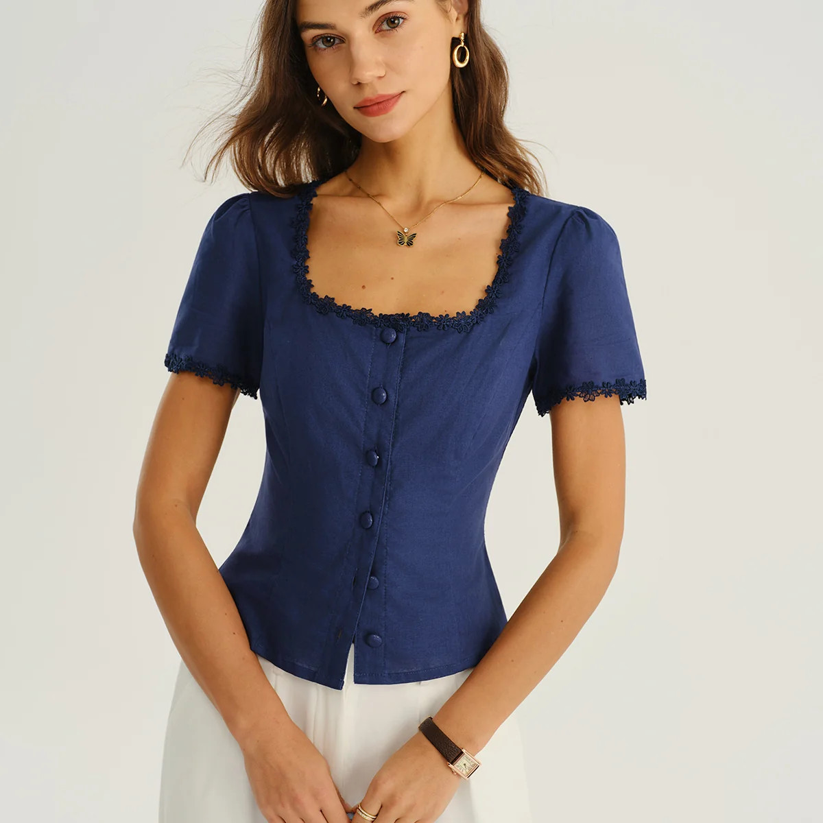 Navy Square Neck Button Blouse & Reviews - Navy - Tops | RIHOAS | rihoas.com