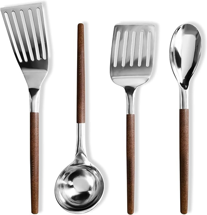 Salt & York 4-Piece Stainless Steel Cooking Utensil Set – Handcrafted Walnut Wood Handles, Mirr... | Amazon (US)