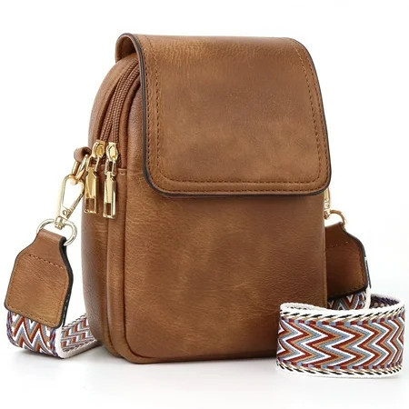 XUEYU Small Crossbody Bags for Women, Vegan Leather Phone Wallet Purses with Detachable & Adjustable Guitar Strap, Double Compartment & Back Zipper Pocket, Trendy Crossbody Purse for Travel, Brown | Walmart (US)