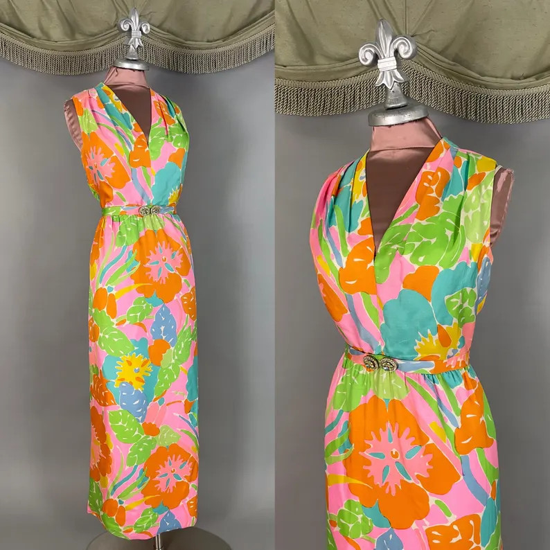 1960s dress vintage 60s BRIGHT FLORAL SILK rhinestone designer maxi party cocktail | Etsy (Global)