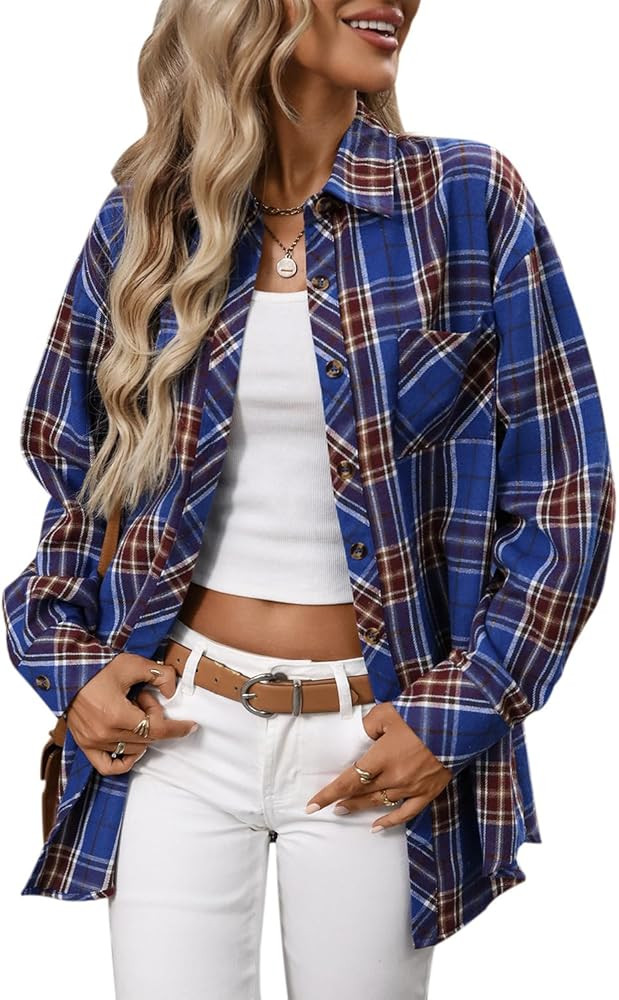 CHYRII Womens Oversized Flannel Shirts Button Down Long Sleeve Plaid Shirt Business Casual Blouse... | Amazon (US)