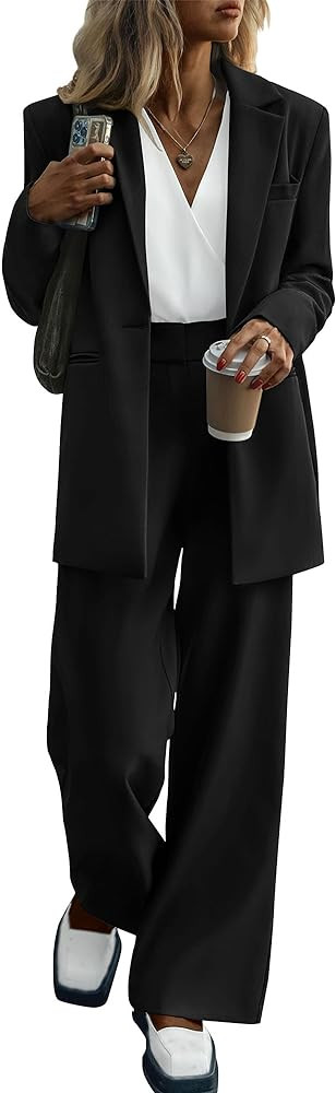 KIRUNDO Women's 2024 Fall 2 Piece Blazer Set Casual Loose Long Blazer Jackets and Dressy Wide Leg... | Amazon (US)