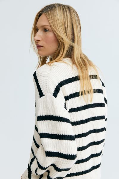 Rib-knit Cardigan - V-neck - Long sleeve - Cream/striped - Ladies | H&M US | H&M (US + CA)