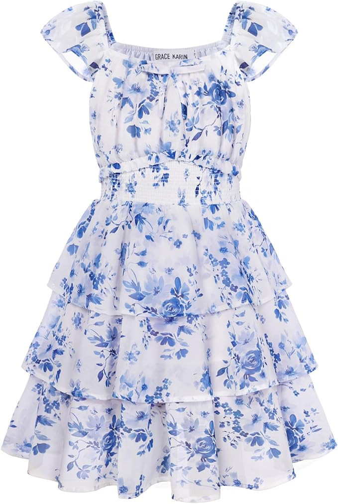 GRACE KARIN Girls Spring Summer Floral Dress Teen Ruffle Smocked 3 Layerr Dresses Kids Cute Boho ... | Amazon (US)