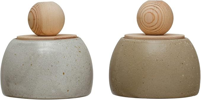 Bloomingville Stoneware Pine Wood Lid, Reactive Glaze, Set of 2 Colors Canisters, Beige | Amazon (US)