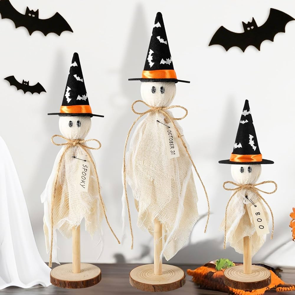 Halloween Decorations Indoor, Set of 3 Primitive Halloween Ghosts with Witch Hat Bat on Wooden St... | Amazon (US)