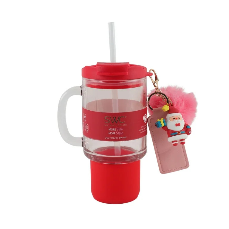 Cook With Color 24oz Glass Water Bottle Cup with Lid and Straw, Santa | Walmart (US)
