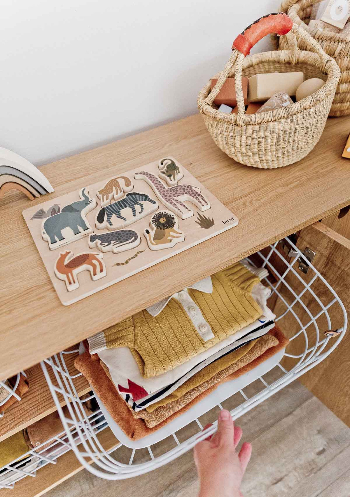 My toddler’s clothing storage is mostly in a credenza that has no drawers. So! I  use these wire baskets for folded clothes, pajamas, extra bedding, and more. We use the same wire baskets in our primary bedroom closet as well, so we really really like these! And they come in 4 or 5 colors as well. Kids organization - kids room - nursery - toddler room 