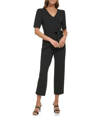 DKNY by Donna Karan V-Neck Puff Sleeve Knit Jumpsuit | Dillard's