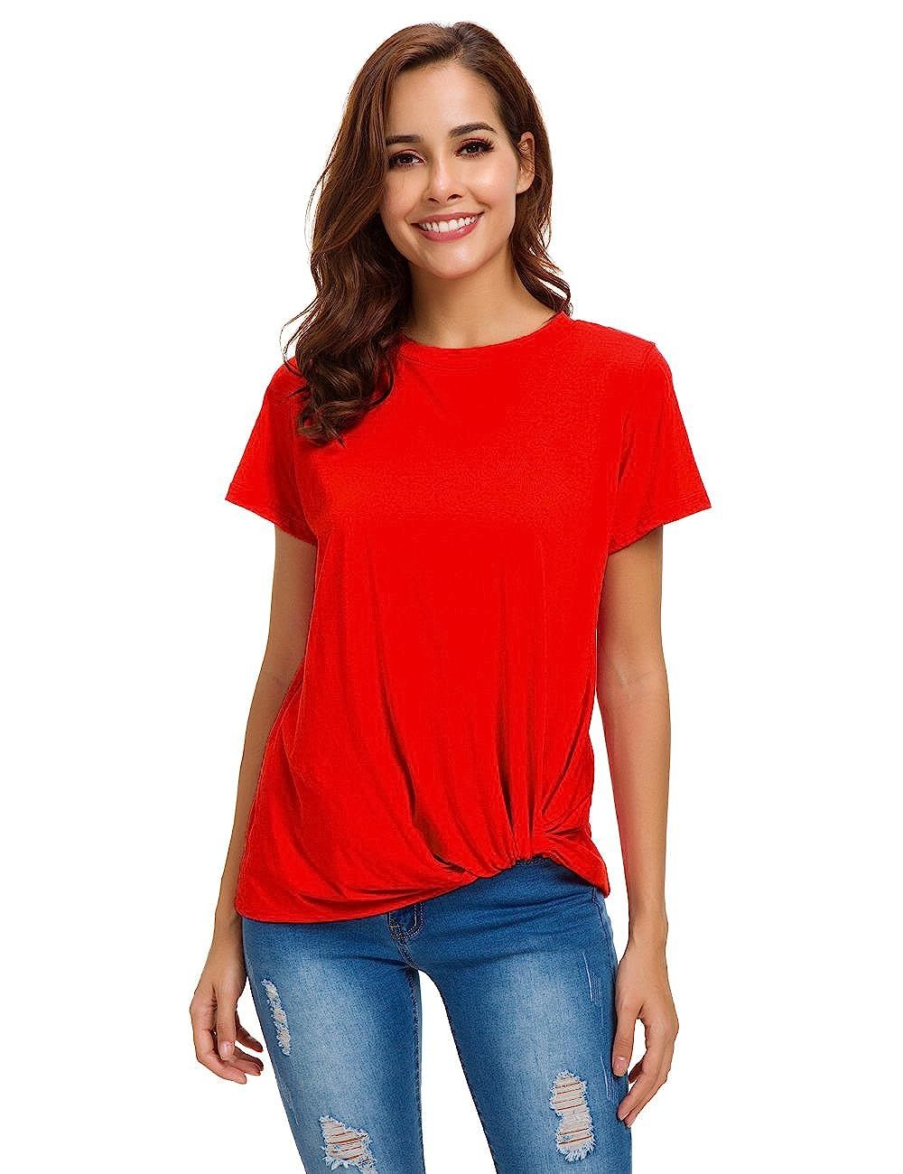 LUSMAY Womens Short Sleeve Loose Twist Knot Front T Shirts Cotton Casual Blouse | Amazon (US)