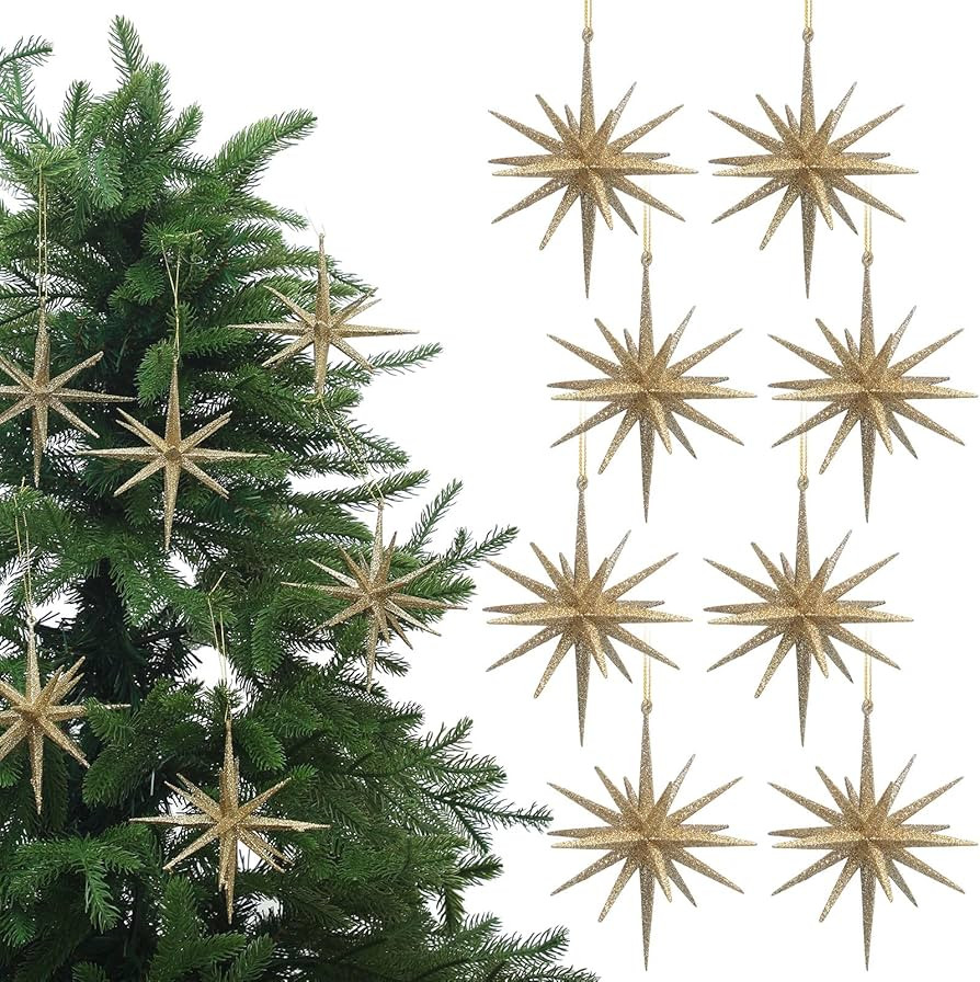 6 Inch Set of 8 Glitter Large Star Hanging Ornaments Christmas Tree Decorations Plastic Festive E... | Amazon (US)