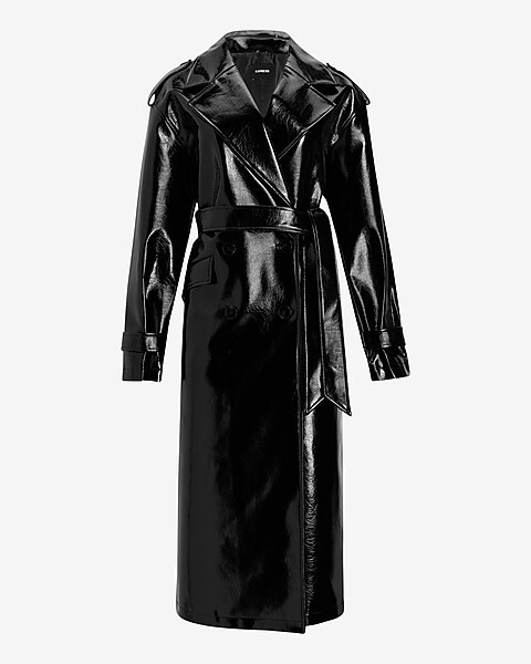 Faux Patent Leather Belted Trench Coat | Express