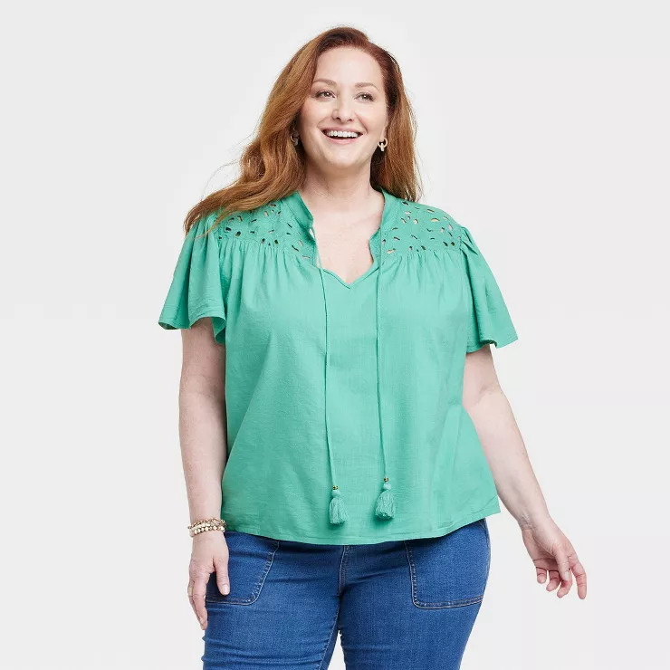 Women's Short Sleeve V-Neck Woven Eyelet Top - Knox Rose™ | Target