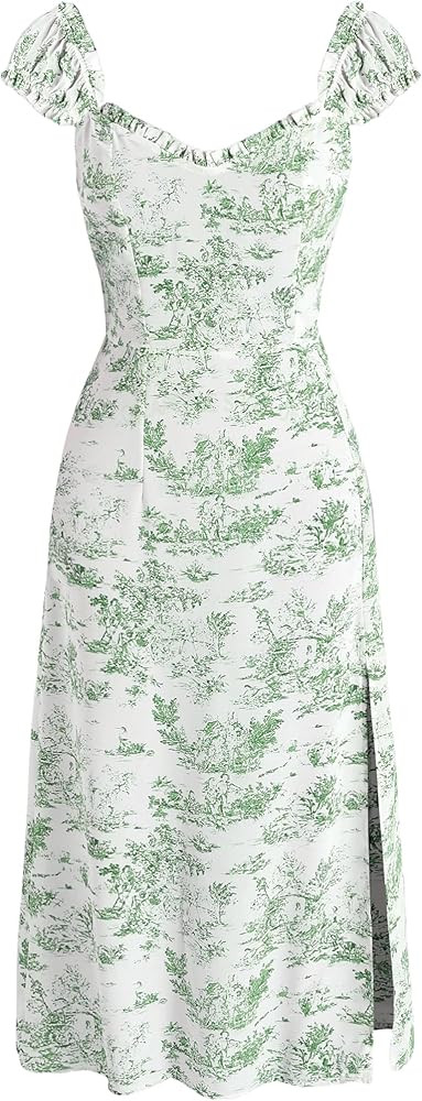 Midi Dress Summer Dresses for Women 2024 Floral Dress for Women Toile De Jouy Ruffle Trim Slit Mi... | Amazon (US)