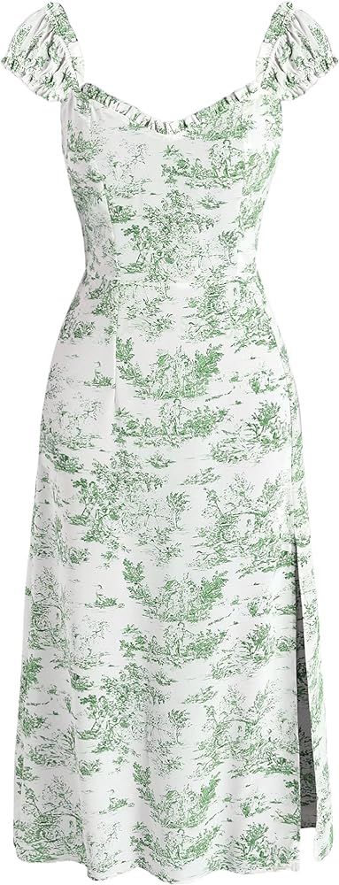 Midi Dress Summer Dresses for Women 2024 Floral Dress for Women Toile De Jouy Ruffle Trim Slit Mi... | Amazon (US)